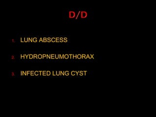 1. LUNG ABSCESS
2. HYDROPNEUMOTHORAX
3. INFECTED LUNG CYST
 