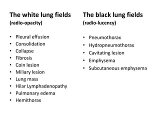 The white lung fields
(radio-opacity)
• Pleural effusion
• Consolidation
• Collapse
• Fibrosis
• Coin lesion
• Miliary lesion
• Lung mass
• Hilar Lymphadenopathy
• Pulmonary edema
• Hemithorax
The black lung fields
(radio-lucency)
• Pneumothorax
• Hydropneumothorax
• Cavitating lesion
• Emphysema
• Subcutaneous emphysema
 