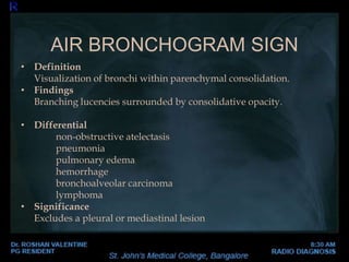 • Definition
Visualization of bronchi within parenchymal consolidation.
• Findings
Branching lucencies surrounded by consolidative opacity.
• Differential
non-obstructive atelectasis
pneumonia
pulmonary edema
hemorrhage
bronchoalveolar carcinoma
lymphoma
• Significance
Excludes a pleural or mediastinal lesion
AIR BRONCHOGRAM SIGN
 