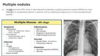 Multiple nodules
● As opposed to the SPN, which is often detected incidentally, multiple pulmonary nodules (MPNs) are most
often seen in symptomatic patients, in patients with an underlying malignancy or in immunocompromised
patients.
 