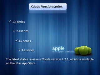 Xcode Version series


  1.x series

      2.X series


        3.x series

          4.x series

The latest stable release is Xcode version 4.2.1, which is available
on the Mac App Store
 