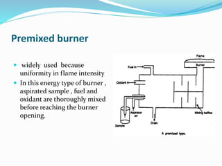 Premixed burner 
 widely used because 
uniformity in flame intensity 
 In this energy type of burner , 
aspirated sample , fuel and 
oxidant are thoroughly mixed 
before reaching the burner 
opening. 
 