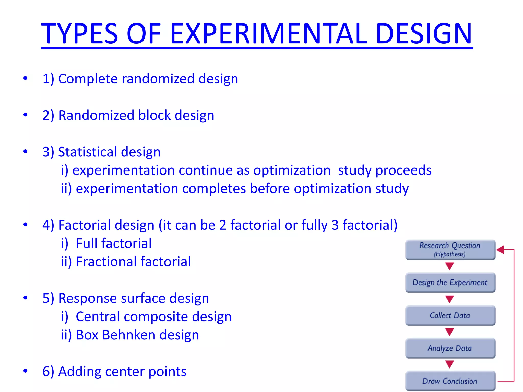 TYPES OF EXPERIMENTAL DESIGN
• 1) Complete randomized design
• 2) Randomized block design
• 3) Statistical design
i) experimentation continue as optimization study proceeds
ii) experimentation completes before optimization study
• 4) Factorial design (it can be 2 factorial or fully 3 factorial)
i) Full factorial
ii) Fractional factorial
• 5) Response surface design
i) Central composite design
ii) Box Behnken design
• 6) Adding center points
 