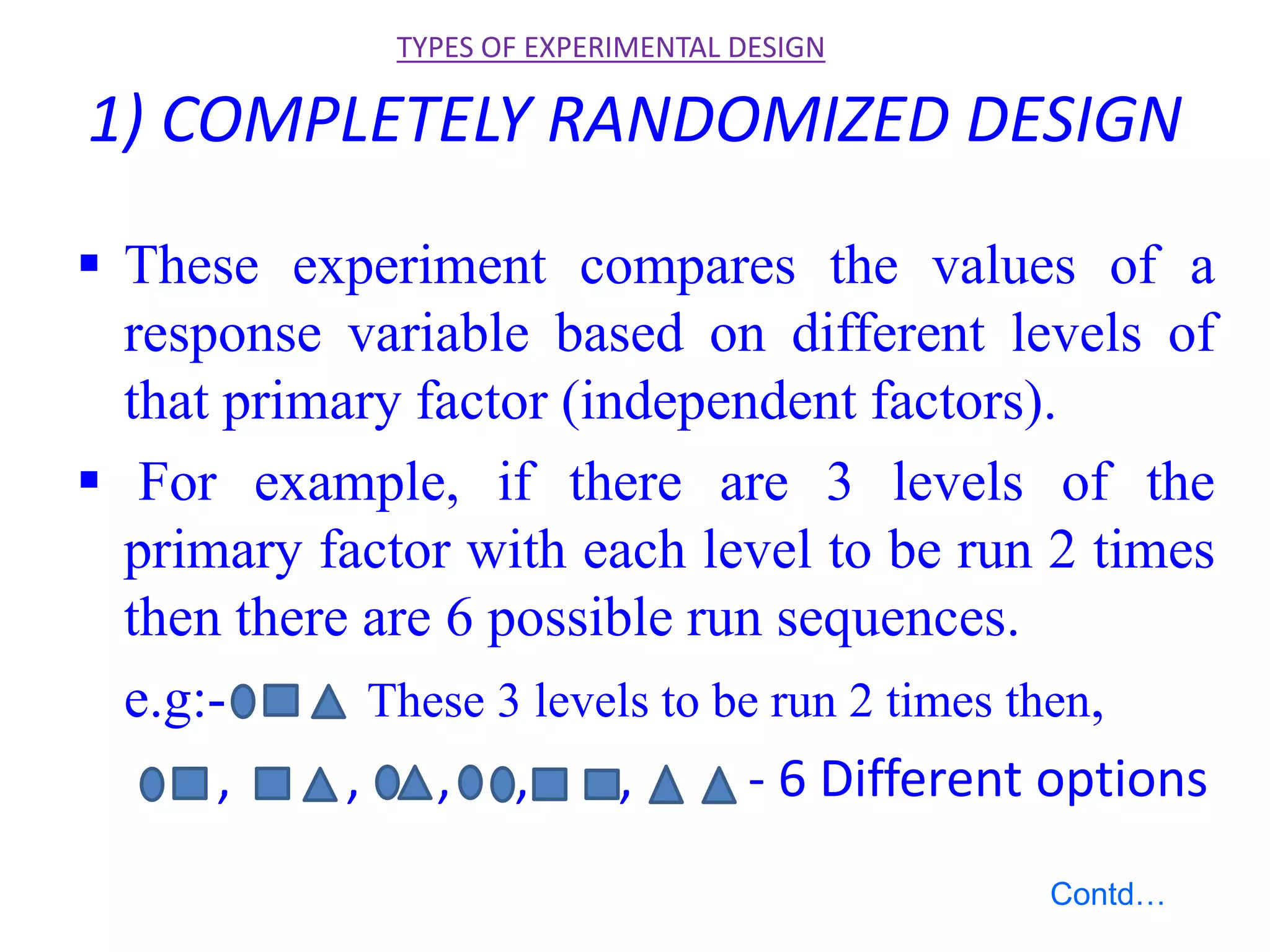 1) COMPLETELY RANDOMIZED DESIGN
 These experiment compares the values of a
response variable based on different levels of
that primary factor (independent factors).
 For example, if there are 3 levels of the
primary factor with each level to be run 2 times
then there are 6 possible run sequences.
e.g:- These 3 levels to be run 2 times then,
, , , , , - 6 Different options
TYPES OF EXPERIMENTAL DESIGN
Contd…
 
