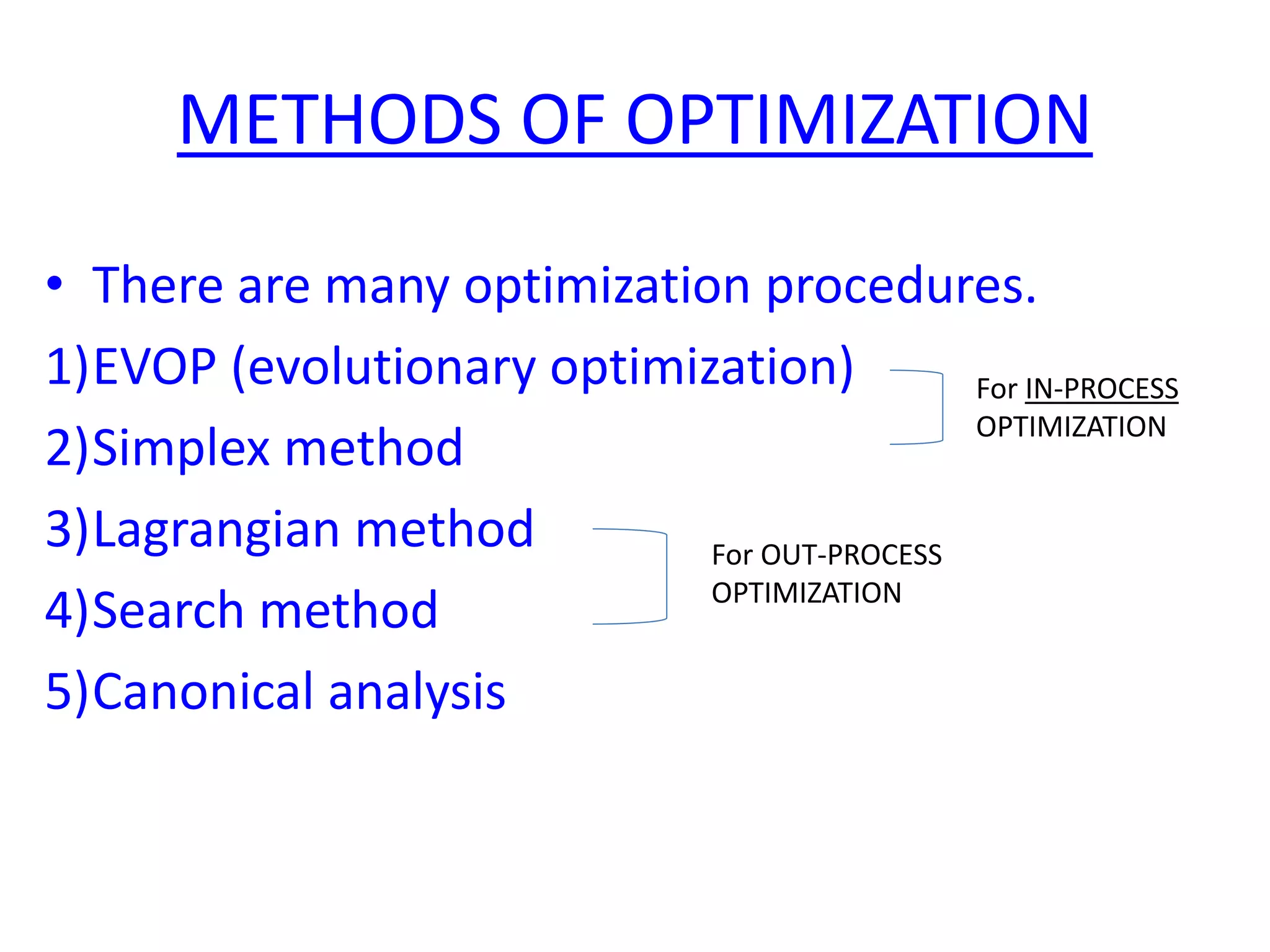 METHODS OF OPTIMIZATION
• There are many optimization procedures.
1)EVOP (evolutionary optimization)
2)Simplex method
3)Lagrangian method
4)Search method
5)Canonical analysis
For IN-PROCESS
OPTIMIZATION
For OUT-PROCESS
OPTIMIZATION
 