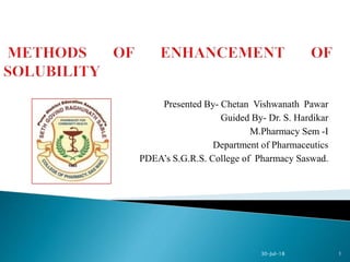 Presented By- Chetan Vishwanath Pawar
Guided By- Dr. S. Hardikar
M.Pharmacy Sem -I
Department of Pharmaceutics
PDEA’s S.G.R.S. College of Pharmacy Saswad.
30-Jul-18 1
 