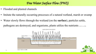 Free Water Surface Flow (FWS)
• Flooded and planted channels
• Imitate the naturally occurring processes of a natural wetland, marsh or swamp
• Water slowly flows through the wetland (on the surface), particles settle,
pathogens are destroyed, and organisms, plants utilize the nutrients (TILLEY et al. 2008)
14
Source: TILLEY et al (2008)
 