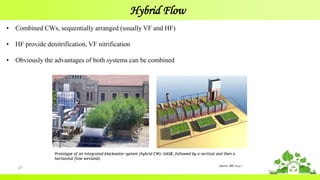 Hybrid Flow
21
• Combined CWs, sequentially arranged (usually VF and HF)
• HF provide denitrification, VF nitrification
• Obviously the advantages of both systems can be combined
Source: UPC (n.y.)
Prototype of an integrated blackwater system (hybrid CW): UASB, followed by a vertical and then a
horizontal flow wetland).
 