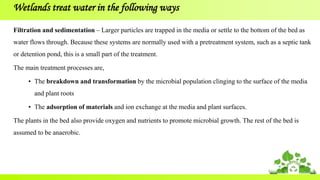 Filtration and sedimentation – Larger particles are trapped in the media or settle to the bottom of the bed as
water flows through. Because these systems are normally used with a pretreatment system, such as a septic tank
or detention pond, this is a small part of the treatment.
The main treatment processes are,
• The breakdown and transformation by the microbial population clinging to the surface of the media
and plant roots
• The adsorption of materials and ion exchange at the media and plant surfaces.
The plants in the bed also provide oxygen and nutrients to promote microbial growth. The rest of the bed is
assumed to be anaerobic.
Wetlands treat water in the following ways
 