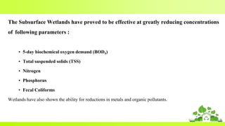The Subsurface Wetlands have proved to be effective at greatly reducing concentrations
of following parameters :
• 5-day biochemical oxygen demand (BOD5)
• Total suspended solids (TSS)
• Nitrogen
• Phosphorus
• Fecal Coliforms
Wetlands have also shown the ability for reductions in metals and organic pollutants.
 