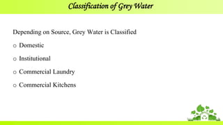 Classification of Grey Water
Depending on Source, Grey Water is Classified
o Domestic
o Institutional
o Commercial Laundry
o Commercial Kitchens
 