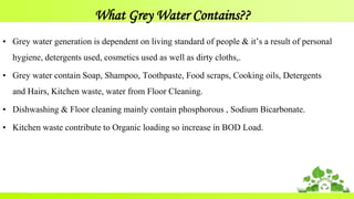 What Grey Water Contains??
• Grey water generation is dependent on living standard of people & it’s a result of personal
hygiene, detergents used, cosmetics used as well as dirty cloths,.
• Grey water contain Soap, Shampoo, Toothpaste, Food scraps, Cooking oils, Detergents
and Hairs, Kitchen waste, water from Floor Cleaning.
• Dishwashing & Floor cleaning mainly contain phosphorous , Sodium Bicarbonate.
• Kitchen waste contribute to Organic loading so increase in BOD Load.
 