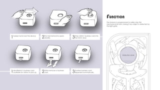 B
C
D
E
F
54321
UNLESSOTHERWISESPECIFIED:
DIMENSIONSAREINMILLIMETERS
FINISH:DEBURRAND
BREAKSHARP
EDGES
DONOTSCALEDRAWINGREVISION
The Arduino is programmed to safely stop the
mechanical iris from closing if any object is detected by
the light-gate.
Detection zone
Function
1Sweep hand over the device
2The mechanical iris opens
steadily.
1MindSketch’s business card
available for visitors to pick up.
3Drop visitors’ business card into
the hatch door.
3Another business card
dispensed automatically.2Visitor removes a business
card.
 