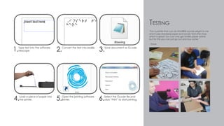 2.Convert the text into braille.
3.Save document as Gcode.
1.Type text into the software,
Inkscape.
5.Open the printing software,
Brinter. 6.Select the Gcode file and
click “Print” to start printing.4.Load a piece of paper into
the printer.
Testing
“For a printer that can do this £800 sounds alright to me
and it uses standard paper and acrylic from the shop
which is great! You can only get braille paper online,
but for this you can just go out and buy some.”
- Dave
 