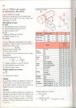 146
44.14 Effort de coupe
et puissanceabsorbée
44tl4l Effortde coupe
Soitlecasd'unusinageavecunoutilàchariotercoudé.
L'ætionffi dela.piègeP surloutil0 admettrois
composantes: Fc;Fa;Fp
Eflorttangentieldecoupe:
Fc=Ka.S,
Fc: efforttangentieldecoupeennewtons(N)
Ka: pressionspécifiquedecoupeenN/mm2
S: sectionducopeauenmm2,
s = f.p.
f : avanceenmillimètrepartour(mm/tr).
p: profondeurdepasseenmm.
Fc= Ka.f.p.
44t142Puissancenécessaireà la coupe
LapuissanceP(watls)estégaleauproduitdelaforceF
(newtons)parlavitesseV(m/s):
P=F,V.
Danslecasd'outilàchariotercoudé:
P=(FVc)+(Fa.Va)+(Fp.Vp)
Vp= 0 (pasdemouvementrelatifentreI'outiletlapièce
suivantcetaxe),
VapeutêtrenégligédevantVcd'oùr
^ FcVc ^ Kaf.o.VcP = - ^ i l Y = - .
' 6 0 6 0
P . puissancenécessaireaiacoupeenwatts(W)
Fc: efforltangenlieldecoupeennewtons,
Vc: vrtessedecoupeenm/min,
Puissanceabsorbéeparlamachine
P=
Pu
' T l
11-: rendementdelamachine.
RE[|AROUES:
I Lapuissanceabsorbéevarieégalementenfonctionde
IangledecoupeI etdeIanglededirectiond'arêtexr,
I Lapressionspécifiquedecoupe(Ka)estfonctiondu
matériauetdel'avancea(voirtableauci-contre).
APPLICATION:
Soitàévaluerlapuissanceabsorbéeparuneopérationde
chariotagesurunepièceenacierXC38à|aided'unoutil
encarbureP10(1=6oetxr=75o),Ka=170daN/mm2.
Avancea=04mmProïondeurdepassep=3mm,Vitesse
decoupeV=270m/minRendementdelamachineI =08
' Prononcer"êta".
Puissanceabsorbéeparlamachine:
. K a x l x p x V c
!,60
1700x0,4x3x270
4
l t
L(
p
p -
Typed'oulil Matéilauuslné Fa Fp
Outilà charioter
coudéà 45'
Aciet 215Fc 215Fc
Fonte 1/3Fc 1/3Fc
0utilcouleau
Acier 213Fc 1/10Fc
Fonte 2lt Fc 1/10Fc
Maiière
Ka(daN/nm2)
Avance
0,1 0,2 0,1 0,8
Aciers
ordinaires
4.33. E26 JOU 260 r90 140
{00 290 210 150
q.60 420 300 220 160
[.70 440 315 230 165
Aciers
fins
(c3 8 .XC4 2 320 230 170 125
( c 5 s . x c 6 5 360 260 190 1{0
(c70 390 285 205 150
Aciers
alliés
lcieraumanganèse 470 3{0 245 180
lcieraunickel.chtome 500 360 260 185
lcierauchromemolybdène 530 380 275 200
cierinorydable 520 17t 270 r90
Fontes
: t 1 0 . F t 1 5 190 136 100 70
F t2 0 .F t2 5 290 210 150 110
Fontealliée 325 230 t70 t20
Fontemalléable 24q 175 125 90
Alliages
decuivte
Laitotl 160 t15 85 60
Btonze 340 245 180 130
Alliages
d'aluminium
Alliaged'alu.(si< 137") 140 100 70 50
Alliagedemoulage(Rr< 19) 115 ù3 60 45
Alliagedemoulage(19< Rr < 27) 140 100 70 50
Alliagedemoulage(27< Rr< 37) 170 122 ot ùt
0Bx 60
=11475walls;P=11,5kW
 