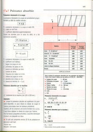 r5 Puissanceabsorbée
nécessaircàlacoupe
puissancenécessaireàlacoupeestsensiblementpropor-
audébitdematièreenlevée:
tJ=',coI
puissancenécessaireàlacoupeenwatts(W).
=débitenmm3/min,
=coefficientdéterminéexoérimentalement.
lesdonnéesoourlecalculdudébit.ona les
suivantes:
P - K.l.p.f,z.v.103
n d
puissancenécessaireàlacoupeenwatts(W).
coefficient(voirtableau).
I largeurdecoupeenmm.
profondeurdepasseenmm.
avanceenmillimètreoardent,
:nombrededents.
:fréouencederotationent/min,
;vitessedecouoeenm/min,w u y w v , , , , r , , . , , ' ,
;diamètredelafraiseenmm,
; avanceenmm/min(A=f.z.n)
absoôéeparlamachine
rendementdelamachine(de0,65à0,85env.),
Lorsquelapuissancecalculéeestsupérieureàlapuis-
disponible,onpeutréduirelavitessedecoupeet
préconiséesdanslestableauxprécédents,
alindeconserverunebonneformationducooeau.
mieuxabaisserlavitessedecoupequeI'avance,
lesfraisesàplaquettesamovibles,ilpeutêtreintéressant
uneplaquettesurdeux.
Unoutiluséconsommeenviron257odeouissanceen
qu'unoutilneuf.
1MP.=1111'ntz.
' Valeursdonnéesàtitredepremièreeslimation.
Aclen R<00drl{lmm2
AcLn60<R<ll0drlumm2
Achn R> 110dr]{/mmz
APPLICATION
Soità évaluerlapuis3anceabsorbéeparuneopérationdefralsageà
I'aided'unetraisé2tailleseurunepiCceonxC32(Rr 500Mpa).
r Latgeurdecoupe | = 80mm.
r Prcfondeurdepasre p = 5mm
r Avance | = 0,12nn/dent.
r Flalse2taffferA d=$[nn
r Nombrededenk z = 12,
r Vllossêdecoupe v = 25m/mln
X=0,05.
1=0,8.
Puioranocnéceæaheàlacoupe:
p= k'l.P.f.z.v.los
nd
p= 0,05x80x5x0,12x12x25x10e
n x 1 0 0
P=2292Y
RrisranceabroÉéeparlanachine:
0
Pr=T
e _2292''
0.8
P.-2865w
.êh,
 