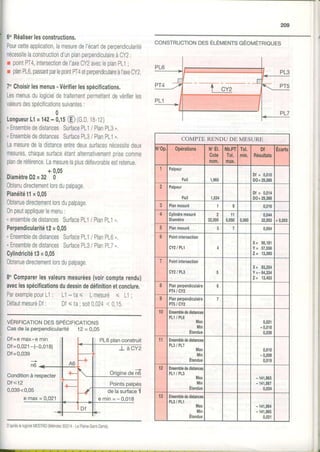 209
6"Réaliserlesconstructions,
Pourcetteapplication,lamesuredel'écartdeperpendicularité
nécessitelaconstructiond'unplanperpendiculaireàCY2:
r pointPT4,intersectiondel'axeCY2avecleplanPL1;
r planPL6,passantparlepointPT4etperpendiculaireàI'axeCy2
7"Choisirlesmenus. Vérifierlesspécifications,
Lesmenusdulogicieldetraitementpermettentdevérifierles
valeursdesspécificationssuivantes:
0
LongueurL1= 142- 0,15@ (G.DI8-12)
. EnsemblededistancesSurfacePL1/ PlanPL3,
- EnsemblededistancesSurfacePL3/ PlanPL1,
Lamesuredeladistanceentredeuxsurfacesnécessitedeux
mesures,chaquesurfaceétantalternativementprisecomme
planderéférence,Lamesurelaplusdéfavorableestretenue.
+ 0.05
DiamètreD2=32 0'
Obtenudirectementlorsdupalpage
Planéitét1=0,05
0btenuedirectementlorsdupalpage
0npeutappliquerlemenu:
"ensemblededistancesSurfacePL1i PlanPL1".
Perpendicularitét2=0,05
" EnsemblededistancesSurfacePLI/ PlanPL6,,
" EnsemblededistancesSurfacePL3/ PlanPLZ,.
Cylindricitét3=0,05
0btenuedirectementlorsdupalpage.
8oComparerlesvaleursmesurées(voircompterendu)
aveclesspécificationsdudessindedéfinitionetconclure.
ParexemplepourL1: L1- ta< Lmesuré< L1;
DéfautmesuréDf: Df< ta;soit0,024< 0,1b.
vÉRrFrcATtoNors spÉcrptcATtoNS
Casde la perpendicularité t2 = 0,05
Df=emax-emin
Df=0,021-(-0,018)
Df=0,039
PL6planconstruil
-L àCY2
Conditionà respecter
Df<t2
0,039<0,05
e max= 0,021
de n6
Pointspalpés
D'aprèseloglclelIVESTRID(N/étroec93214-LaPlaine.saint-Denis),
iI
CONSTRUCTIONDESÉLÉMENTSGÉOMÉTRIQUES
de lasurface
e m i n = - 0 , 0 1 8
-I!Ë
COMPTE RENDU DE MESURE
{oop 0pérations N"â.
Gote
nom.
Nb.P[
Tol,
max.
Tol,
min,
Df
Résultab
Écarts
I
Palpeur
Pa5 1,965
Df= 0,010
D0=29,369
2 Palpeur
Pa3 1,834
Dl : Q,!14
D0=29,369
3 Planmesuré 0 0,016
4 Cylindremesuré
Diamètre
2
32,000
1 1
0,050 0,000
0,044
32,003+0,003
Planmesuré 7 0,004
6 Pointinlersection
CY2/ PLl
X= 98,181
Y= 57,556
z = 13,393
7 Pointintersection
CY2/ PL3 c
x= 93,254
Y=-84,334
z= 13,453
I Planperpendiculaire
PrAI CY2
D
I Planperpendiculaire
PTs/ CY2
7
10 Ensemblededislances
PLl/ PL6
Max
Min
Ëtendue
0,021
- 0,018
0,039
fi Ensemblededistances
PL3/ PL7
Max
Min
Etendue
0,010
- 0,009
0,019
12 Ensemblededistances
PL1/ PL3
Max
Min
Étendue
- 141,963
- 141,987
0,024
t3 Ênsemblededistances
PL3/ PLl
Max
Min
Étendue
- 141,964
- 141,985
0,021
 