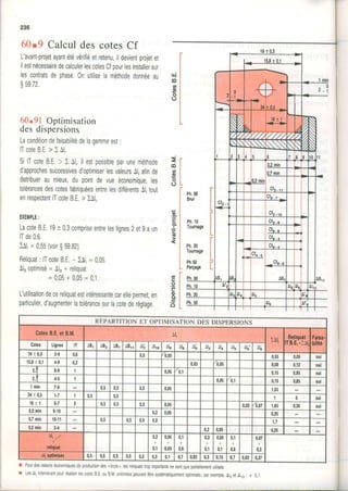 236
60.9 CalculdescotesCf
L'avanfprojetayantétévérifiéetretenu,ildevientprojetet
ilestnécessairedecalculerlescotesCfpourlesinstallersur
lescontratsdephase.0nutiliselaméthodedonnéeau
q59.72.
60.91Optimisation
desdispérsions.
Laconditiondefaisabilitédelaoammeest:
lTcoteB.E.> XAl,.
SilTcoteB.E.> t Al,,ilestpossibleparuneméthode
d'approchessuccessivesd'optimiserlesvaleursAl,afinde
distribueraumieux,dupointdevueéconomique,les
tolérancesdescotesfabriquéesentrelesdifférentsAl,tout
enrespectantlTcoteB.E,> )Alr.
EXEIiIPLE:
LacoteB.E,19t 0,3compriseentreleslignes2etgaun
lTde0,6.
)Al,=6,55(voir$59.82).
Reliquat: lTcoteB,E.- )Â1,=9,65,
Alroplimisé=Alg+ reliquat
=0,05+ 0,05= 0,1,
L'utilisationdecereliquatestintéressantecarellepermet,en
particulier,d'augmenterlatolérancesurlacotederéglage,
ui
to
6
o
o
T ro l
o l
o l
Ë l
c t L
c)'0
CL
I
Êo
i
Ph.00
BruI
Ph.10
Tourmge
Ph.20
Toumage
Ph50
Porçâgo
r
r Pourdesraisonséconomiquesdeproducliondes"bruts,,lesreliquatstropimp0rlantsnesontqueoartiellementulilisés.
I LesaliintervenantpourréaliserlescotesB.E.ouB.[/.unilimilespeuventêtresystémaliquemeiloptimisés;parexemple,Al3etAllo + 0,1
REPARTITIONET OFrTIMISATIONQESDISPERSIONS
Colos Llgnos IT Â8r aBz ABz ABtt au alro Âle ale Àt; Àlr alr als Àtj ale
19r 0,3 2.9 0,6 0,5 0,05 0,55 0,05 0ul
15,81 0,1 4.9 0,2 0,03 0,05 0,08 0,12 0ul
E.9 1 0,05 0,1 0,15 0,85 oui
a- 4.5 1 0,05 0,1 0,15 0,85 0ui
1mln 7.0 0,5 0,5 0,5 0,05 1,55
34r 0,5 1.7 1 0,5 0,5 1 0 oui
1 61 1 6.7 2 0,5 0,5 0,5 0,05 0,03
'0,0t
t,65 0,3s 0ui
0,2min 9.10 0,2 0,05 0,25
0,7min 10.11 u,a 0,5 0,5 0,2 1,7
0,2mln 3.4 0,2 0,05 0,25
0,2
+
0,1
0,05
+
0,05
0,1
+
0,6
0,2
+
0,1
0,05
+
0,1
0,r
0,6
0,07
+
0,3
0,5 0,5 0,5 0,5 0,s 0,3 0,1 0,7 0,03 0,3 0,15 0,7 0,03 0,37
 