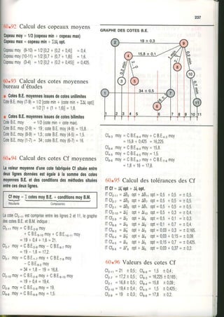 237
60,92 Calcul des copeaux moyens
Copeaumoy= 1/2(copeaumin+ copeaumax)
Copeaumax=copeaumin+)Al,opt.
C0opeaumoy(9-10)= 11210,2+ (0,2+0,4)l=0,4.
Cccccopeaumoy(10-11)= 11210,7+ (0,7+ 1,8)l= 1,6.
CO0opeaumoy($4)= 11210,2+ (0,2+ 0,45)l= 0,425.
60.93 Calcul des cotes movennes
bureaud'études
r CotesB.E.moyennesissuesdecotesunilimites
CoteB.Emoy(7-9)= 1/2lcotemin+ (cotemin+)Al1opt)]
= 1t2[1+ (1+ 1,6)]= 1,8.
r CotesB.E.moyennesissuesdecotesbilimites
CoteB.E.moy = 1/2(cotemin+cotemax).
CoteB.E.moy(2-9)= 19;coteB.E,moy(4-9)= 15,6.
CoteB.E.moy(8-9)= 1,5;coteB.E.moy(4-S1= 1,5.
CoteB.E.moy(1-7)= 34;coteB.E.moy(6-7;= 16
60.94 Calcul des cotes Cf moyennes
Lavaleurmoyenned'unecotefabriquéeClsituéeentre
deuxlignesdonnéesestégaleà la sommedescotes
moyennesB,E,etdesconditionsdesméthodessituées
entrecesdeuxlignes,
LacoteCfr-,,estcompriseentreleslignes2et11,legraphe
descotesB.E.etB.lr/.indique:
Cfr-,,moy= C8.E,2-emoy
+ CB.E.n_,0moy+ CB.E.,o_,,moy
= 1 9 + 0 , 4 + 1 , 6 = 2 1 .
Cf2,moy=C8.E.2-emoy- CB.E.n_,moy
= 1 9 - 1 8 = 1 7 , 2 .
Cfr-,moy= CB,E.rzmoy+ CB.E.r-nmoy
- CB.E.n,moy
=34+ 1,8- 19= 16,8.
Cf2,omoy= C8.E.2-emoy+ CB.E.n_,.moy
= 19+0,4= 19,4
Cfrnmoy=C8.E.2-emoy= 19.
Cfnrmoy=CB.E.e_6moy= 1,5.
GRAPHEDESCOTESB,E.
n{vr9-3
n{wr9-4
1l
w r 4 - 5
1(
vr9-6
moy= CB.E.n-.moy+ CB.E.o-.moy
= 158- 0,425= 16,225.
m o y = C B E e o m o y = 1 $ , 9
moy= CBE.aumoy= 1,5.
moy= CB,E,n-,moy+ CB.Er5moy
= 1,8+ 16= 17,8.
.lr(}*95Calcul des tolérancesdes Cf
lTCf=AlJopt+ Alropt.
lTCf2-11=ÂBzopt+AB,,opt=0,5+0,5= t 0,5.
lTCf2.7=AB,opt+AB,opt=0,5+0,5= t 0,5.
l T C f 2 - r= A B ,o p t + A B ,o p t = 0 , 5+ 0 5 = 1 0 , 5 ,
lTCf,'o=611opt+Alioopt=0,5+ 0,3= t 04.
l T C f r n= t r | ,o p t - ^ l eo p t = 0 , 5+ 0 , 1= 1 0 3 .
lTCfn-u=41nopt+ Al8 opt=0,1+0,7= t 0,4.
lTCfn,=tr16gpt+Al3opt=0,03+0,3= t 0,165
lTCfe.4=Al; gpt+ Al4opt=0,03+ 0,15= t 0,09.
l T C f o u= 4 ; oo p t + A l 5o p t = 0 , 1 5 + 0 , 7= t 0 , 4 2 5 ,
lTCfe6=Al"eopt+A16opt=0,03+ 0,37= 10,2.
6{}"96Valeurs des cotes Cf
C l 2 , r = 2 11 0 , 5 ;C f r _ n =1 , 5r 0 4 ;
Cfz-t= 17,210,5;Cfe3= 16,225t0165;
C12.1= 16,8I 0,5;Cfe-,= 15,6t 0,09;
C f z - r o = 1 9 , 4 1 0 4 ;C L s =1 , 5t 0 , 4 2 5 ;
Cbe= 19 t 0,3;Cfnu= 1/,$t0,2.
Cfmoy.=) cotesmoyB,E,- conditionsmoyB.M.
Résultante Composanles
 