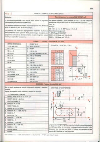61..r2 PROGRAMMATION PARAMÉTRÉE
Généralités:
Laprogrammationparamétréea pourobjetderendreuniverselunprogramme
concernantdespiècessimilairesmaisditférentes.
Lesparamèhosprogramméssontdesfonctionsquipeuventêtreaffectéesà
touteslesadressesàlaplacedevaleursnumériques.
Lesparamètressontutiliséspourlâprogrammationdesfamillesdepiècesde
lormessemblables,llssontégalementutiliséspourdonnerplusdesouplesseaur
programmescontonantdesdonnéesvariables,onpeutchangerdesvaleurs
numériquessansmodllierleprogramme,
LesvariablesprogrammeLsontaunombrede120:det0 à119etdeti00 àL'199.
Ellespeuventavohunevaleurfixeouunevaleurrésultantd,uneopération+,-, ., /,
sin(s),etc.
Exemolesi
L2=5; Ll =L2+ 5,3* 3* S30*équivautàLl =15.45
Paramétragedesiaugss.outil:
%2073{FlasqueAR.NUM720F)
E50001: 48103(Jauge-outilT1,L=48.103)
E52001= 50O(Jauge-outil11,R=5)
., ".:-, 'tta.
USINAGEDEMORSDOUX N75G79ftN1t0
USINAGEDEMORSDOUX%3101{NUM720T1 11 l'180G1G41XLrZL2
N10Ll=69.2 2l r'r90zL4
N20L4: - I 3) 1'1100xLsZL4
N30L5:35 Nt10G64ft-1{100N80t..2K.2Pl
N4012=2 31 Nr20XtgZL4G95F.2
N50L9=31 21 N130ZL2
N70G77H102 1) 1{140XLt
NMM2 N150G80
2t N100Gl G42XLgZL2F.2
olo102 2l N170G90S100Xtg
NlOGOG52XY 11 Nr80GlG4'rG95F,2XLlZL2
N2OT7D7M6 2) Nr90F,05ZL4
N30S1500M42M3M8 31 N200XLg
N40G9252500 21 N210G0G40ZL2
Nô0xt422 N220G80
N70G96Xt4S100 N230G52GXZ
Soitun€familledepiècas,despoinçonscomportantundétourageàdimensions
variablos.
L'extraitdeprogrammesuivântcorrespondàlatinitiondudétourage:
uslNAGED'UNPOtNÇON
'+,LWI
t -
7o13(Alcéra-Gambin. NUM560R
l{505Pl:35 P2=60Rl =15R2=18R3=27
N510G74G0X-300Y.300Z+50
N515T2.025500M41M3
0) N520G0X=PlY75232
N525G1F1000Z=Rl
1) N530G91G41X=- R3Y0F500
-'lffiu'ï2) N535G3R=R3Y=-R3R=R3F150
3) N540G1X=P2
N542Ql =R2+ R2
4) N545G2X0Y:-Q1R=R2
LesparamèhesP1,P2,R1,R2,R3coffespondantàdesdimensionsindépendantes,
sontdéfinisendébutdeprogramme,Lesparamètrescorrespondantà des
dimensionsliéesentreellessontdélinisà I'intérieurduprogramme,soit,par
exemple,Ql=R2+ R2quiestsituéenligne542,
5) N550G1X=-P2
ô) N555G2X0Y: Ql R=R2
4 N560G3X=ROY=R3R=R3
0) N565G40X=-R3
N570G90G02100
N575M2
- s30=sinus30"=0.5, **G79|sautinconditionnelàlaséquenceNt10. --- G64:cvcled'ébaucheoaraxial.
 