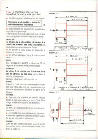 28
9.22 Conditionspour qu'un
transfertde cotessoit possible
r Larelationconcernantlestolérancesdoitêtresatisfaite
Tolélancedelacotecondition= sommedes
tolérancesdescotescomposantes.
r Latolérancedelacotecalculéedoitêtrecompatibleavec
leprocédéd'usinageenvisagé.
C'estlecasdel'exempleprécédemmentétudié0npeut
rencontrerégalementdeuxautrescasqueI'onvaétudier.
PREMIERCAS:
Latolérancedelacoteconditionestinférieureà la
sommedestolélancesdescolescomposanles.Le
transfertestthéoriquementimpossible.0npeut:
r soitconsulterlebureaud'étudeafind'augmenterla
tolérancedelacondition
r soitdiminuerlatoléranced'uneoudeplusreurscomoo-
santes,
EXEMPLE1:
SiA=60t0,25etB=35t0,1S,latolérancedeCflest
négativeetletransfertestthéoriquementimpossible.
oeuxÊurcls:
Larelalion3 estsatisfaitemaislatolérancedela
cotedefabricationesttropfaiblepourlaréatiserà
l'aidedesmoyensprévus,
Lasolutionestidentiqueàcelledupremiercas
EXEMPLE2:
SiA=60r0,15etB=35r0,17,latolérancedeCT1=0,04:
celtevaleuresttrop{aible,carlacoteestréaliséeentournage
ébaucheetladispersionsurlabutéeestplusgrandequeIa
tolérance.
REMAROUES:
r Danslecasoulamodificationdestolérancesn'estoas
possibleoun'estpasacceptéeparlebureaud'étude,ilfaut
changerleréférentieletréaliserlacotedirectement.
EXEMPLE3:
LescotesAetBsontréaliséesdirectementsuruntoursemi.
automatique.
r Letransfertdecotesréduitlatolérancedelacoteusinée,
etentraîneuneaugmentationducoûtdelafabrication.Chaque
foisquecelaestpossible,ildoitêtreévité.
REMAROUE:
Quellequesoitlacotationdelabrication,lecontrôledéfinitif
devrasefairesurlescotesfonctronnellesdonnéesoarle
dessindeproduitfini.
ts)
EXEMPLE2
ToléranceB
0,34
= toléranceA +
= 0 , 3 +
EXEMPLE3
EXEMPLE1
 