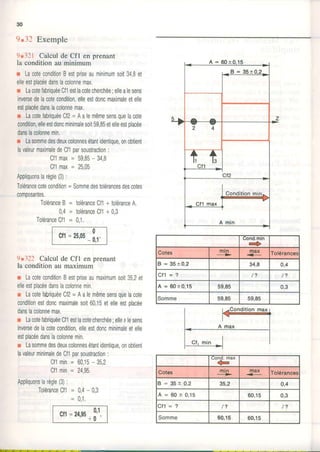 30
9.32 Exemple
91321CalculdeCfl enprenant
la conditionauminimum
r LacoteconditionBestpriseauminimumsoit34,8et
elleestplacéedanslacolonnemax.
r LacotefabriquéeCf1estlacotecherchée;ellealesens
inversedelacotecondition,elleestdoncmuimdeetelle
estolacéedanslacolonnemax.
r LacotelabriquéeCl2=Aalemêmesensquelacote
condition,elleestdoncminrmalesoit59,85etelleestplacée
danslacolonnemin.
r Lasommedesdeuxcolonnesétantidentique,onobtient
lavaleurmaxrmaledeCf1parsoustraction:
Cf1mu = 59,85- 34,8
Cf1mu = 25,05
Appliquonslarègle(3):
Tolérancecotecondition=Sommedestolérancesdescotes
composantes.
ToléranceB = toléranceCf1+ toléranceA.
0,4= toléranceCf1+0,3
ToléranceCf1= 0,1.
9r122 CalculdeCfl enprenant
la conditionau maximum
r LacoteconditronBestpriseaumaximumsoit35,2et
elleestplacéedanslacolonnemin,
r LacotefabriquéeCf2=Aalemêmesensquelacote
conditionestdoncmaximalesoit60,15etelleestolacée
danslacolonnemu.
r LacotefabrrquéeCf1estlacotecherchée;ellealesens
inversedelacotecondition,elleestdoncminimaleetelle
estplacéedanslacolonnemin.
I Lasommedesdeuxcolonnesétantidentioue,onobtient
lavaleurminimaledeCf1parsoustraclion:
cf1min= 60.15- 35.2
Cl1min= 24.95.
Appliquonslarègle(3):
ToléranceCfl = 0,4- 0,3
= 0,1,
Cfl=25,05_f,.'.
cf1=24,95+3'1
Çond.min
-
Cotes min-----> max
<_ Tolérances
B = 35+0,2 34,8 0,4
c f 1= ? / ? / ?
A = 60t0.15 59,85 0,3
Somme 59,85 59,85
uond. max
-
Cotes min--'---> max
<_ Tolérancer
B = 35t 0,2 35,2 0,4
A = 6 0 + 0 , 1 5 60,15 0,3
C t 1= ? / ? i ?
Somme 60,15 60,15
 