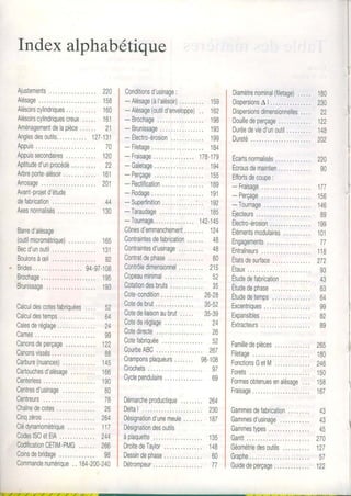 Indexalphabétique
Alustements......... 220
Alésage. 158
Alésoirscylindriques,.,.,...... 160
Alésoirscylindriquescreux..... 161
Aménagementdelapièce..,,., 2i
Anglesdesoutils.., 121-191
Appuis
Appuissecondaires..,,....,., 120
Aptituded'unprocédé,.....,,. 22
Arbreporte-alésoir.,,..,......161
Arrosage 201
Avant-projetd'étude
defabrication 44
Axesnormalisés igO
Barred'alésage
(outilmicrométrique),,.......,165
Becd'unoutil,,, 13i
Boulonsàæil,,.. 92
Brides,. 94-97-108
Brochage tgs
Brunissage ,. 193
Calculdescotesfabriquées
C a l c u l d e s t e m p s ,. . . . . . ,
Calesderéglage.
Cames.
Canonsdeperçage,
Canonsvissés
Carbure(nuances)..,,.,...,..
Cartouchesdalésage
Centerless
Centresd'usinage..,..,....,.
Centreurs
Chaînedecotes,.
Cinqzéros
Clédynamométrique...,......
CodeslS0etEIA..
CodificationCETII/-PMG,.....266
Coinsdebridage. 98
Commandenumérique., 184-200.240
52
64
24
99
122
B8
145
t 0 0
190
80
7B
26
264
117
244
Conditionsd'usinage:
-Alésage(àl'alésoir),..,.,.., 159
- Alésage(outild'enveloppe).. 162
- Brochage ..,,...,, 1gB
- Brunissage 199
- Électro-érosion..,......,.. 199
- Filetage i84
- Fraisage ,....., 178-1Zg
-Galetage ,, 194
- Perçage .. tS5
- Rectification 1Bg
- Rodage 19i
- S u p e r f i n i t i o n. . . , , . . . . . . . : . .1 9 2
- Taraudage 185
- T o u r n a g e , , . . . , , .142-145
Cônesd'emmanchement..,,,.. 124
Contraintesdefabrication....,. 48
Contraintesd'usinage.,....,,, 48
Contratdephase,, 60
Contrôledimensionnel.....,.., 21b
Copeauminimal 52
Cotationdesbruts 3b
Cote-condition 26.28
Cotedebrut 35-52
Cotedeliaisonaubrut...., 35-39
Cotederéglage 24
Cotedirecte ,,....,,. 26
Cotefabriquée 52
CourbeABC...
Cramponsplaqueurs,.....,
, 267
98-10B
Crochets 97
Cyclependulaire 69
Démarcheproductique
Delta| .
Désignationd'unemeule.,,....
Désignationdesoutils
àplaquette
DroitedeTaylor.
Dessindephase..
Détrompeur
264
230
187
135
t48
60
77
Diamètrenominal(filetage)...,.
DispersionsAl..,,
Dispersionsdimensionnelles,...
Douilledeperçage.
Duréedevied'unoutil
Dureté.
É c a r t sn o r m a l i s é s. , , . . . . , . . . . .
Écrousdemaintien
Êflortsdecoupe:
- Fraisage
- Perçage
- Tournage
Ejecteurs
Électro-érosion
Élémentsmodulaires
Engagements
Entraîneurs
Étatsdesurface.
TIAUX..
ÉtudedeTabrication
Étudedephase.
Étudedetemps.
Excentriques
Expansibles
Extracteurs
180
230
22
122
148
202
177
156
220
90
146
B9
199
101
77
1 1 8
272
93
43
63
64
99
82
B9
Familledepièces, 265
Filetage. 180
FonctionsGetM. 246
Forets. 150
Formesobtenuesenalésage... 1SB
Fraisage 167
Gammesdefabrication
Gammesd'usinage
Gammestypes,. .,.
Gantt..
Géométriedesoutils
Graphe.
Guidedeperçage.
43
43
/,R
270
127
57
122
 