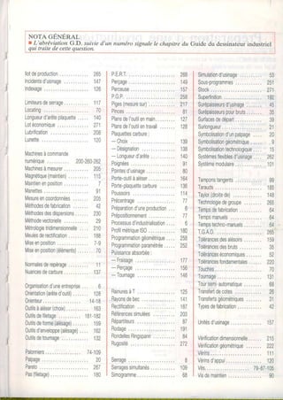 NorA cÉNÉnel
t L'abréviation G.D. suivie d'un numéro signale le chapitre du Guide du dessinateurindustriel
qui traite de cettequestion.
llotdeproduction
deserrage
Longueurd'arêteplaquette.,...
Lotéconomique
Lubrification
Lunette
Machinesàcommande
numérique .. 200-260262
Machinesàmesurer 205
N4agnétique(maintien)......,,. 115
Maintienenposition 7
lVanettes 91
l/esureencoordonnées.,..... 205
l/éthodesdefabrication..,.... 42
Méthodesdesdispersions,,... . 230
l/éthodevectorielle 29
Métrologietridimensionnelle.... 210
Meulesderectification......... 1BB
Miseenposition 7-9
[/iseenposition(éléments)...,,70
Normalesderepérage
Nuancesdecarbure
Organisationd'uneentreprise..,6
0rientation(arêted'outil)......, 128
14-18
Outilsàaléser(choix).,163
Outilsdefiletage. 181-182
Outilsdeforme(alésage)......, 159
Outilsd'enveloppe(alésage).,.. 162
0utilsdetournage
Incidentsd'usinage
In0exage
Limiteurs
Locattng
Palonniers
Palpage.
Pareto,.
P.E,R,T,.
Perçage
Perceuse
P,G.P..
Piges(mesuresu|....
Pinces.
PlansdeIoutilenmain,...,....
Plansdel'outilentravail..,....
Plaquettescarbure:
- Choix
- Désignation
- Longueurd'arête,
Poignées
P o i n t e sdu s i n a g e. . , . . . . . . . , , ,
Porte-outilàaléser,
PnrTo-nlanrrotto narhrrro
Poussoirs
Précentrage..,.....,.
Préparationd'uneproduction...
Prépositionnement.,......,,..
Processusd'industrialisation....
Profilmétrique1S0,...
Programmationgéométrique,,,.
Programmationparamétrée..,..
Puissanceabsorbée:
- Fraisage
- Perçage
- Tournage
B a i n u r e s à T . . , .
B a y o n s d e b e c , , . .
Bectification
Référencessimulées
Répartiteurs
Rodage.
RondellesRingspann
Rugosité
Senage.
Rorranocqimrrllrnéc
Simogramme
265
147
126
117
70
140
271
208
120
268
149
157
258
217
B l
127
128
139
138
140
91
BO
164
136
1 1 4
t t T
77
6
77
6
180
258
252
177
156
146
125
141
187
203
87
191
B4
272
1 1
137
0rienteur
132
74-109
20
267
180
8
109
6BPas(filetage)
Simulationd'usinage
Sous-programmes,......,....
Stock..
Superfinition
Surépaisseursd'usinage,....,,
Surépaisseurspourbruts.......
Surfacesdedépart
Surlongueur....,,
Symbolisationd'unpalpage.
SymbolisationgOomOtrique.....
Symbolisationtechnologique,...
Systèmesflexiblesd'usinage...,
Systèmemodulaire
Tamponstangents
Tarauds
Taylor(droitede).,..
Tonhnnlnniodo nrnrrno
Tomnc do {qhrinrtinn, w , , , y v v w
Tempsmanuels
Tempstechno-manuels...,.,,.
T . G A O
Tolérancesdesalésoirs
Tolérancesdesbruts
Toléranceséconomiques.......
Tolérancesfondamentales.,....
Touches
Tournage
Toursemi-automatique,,,,
Transfertdecotes
Transfertsgéométriques.,.....
Tvnoc da fchrinclinn' r y w w v w
Vérification
Vérification
dimensionnelle.,.,.
g é o m é t r i q u e . , , , , , ,
53
251
271
192
45
35
39
L I
20
I
I C
262
101
99
'185
148
265
64
64
64
265
159
35
52
220
70
131
6B
26
J I
42
Unitésd'usinage 157
215
222
'111Vérins
Vérinsd'appui 120
Vés,.... 79-87-10
Visdemaintien 90
 
