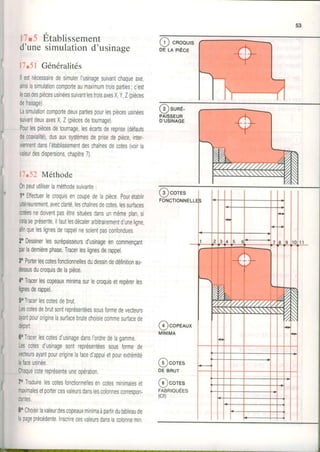 ll $ Établissement
d'unesimulationd'usinage
17.51 Généralités
llestnécessairedesimulerl'usinagesuivantchaqueaxe,
ainsrlasimulationcomporteaumaximumtroisparties;c'est
lecasdespiècesusinéessuivantlestroisaxesX,Y,Z(pièces
defraisage).
Lasimulationcomportedeuxpartiespourlespiècesusinées
suivantdeuxaxesX,Z(piècesdetournage)
Pourlespiècesdetournage,lesécartsdereprise(défauts
deæaxialité),dusauxsystèmesdeprisedepièce,inter-
viennentdansl'établissementdeschaînesdecotes(voirla
valeurdesdispersions,chapitre7),
l'1.52 Méthode
0npeututiliserlaméthodesuivante:
IoEffectuerlecroquisencoupedelapièce.pourétablir
ultérieurement,avecclartéleschaînesdecoteslessurfaces
cotéesnedoiventpasêtresituéesdansunmêmeplan,si
celaseprésenteilfautlesdécalerarbitrairementd'uneligne,
afinqueleslignesderappelnesoientpasconfondues.
f Dessinerlessurépaisseursd'usinageencommençant
parladernièrephase.Tracerleslignesderappel.
3oPorterlescotesfonctionnellesdudessindedéfinitionau-
dessusducroquisdelapièce.
foTracerlescopeauxminimasurlecroquisetrepérerles
lignesderappel.
5oTracerlescotesdebrut
Lescotesdebrutsontreprésentéessousformedevecteurs
ayanipouroriginelasurfacebrutechoisiecommesurfacede
départ.
60Tracerlescotesd'usinagedansI'ordredelagamme.
Lescotesd'usinagesontreprésentéessousformede
/ecteursayanlpouroriginelafaced'appuietpourextrémité
lafaceusinée.
Chaquecotereprésenteuneopération.
7oTraduirelescotesfonctionnellesencotesminimaleset
maximalesetportercesvaleursdanslescolonnescorresoon-
dantes.
8oChoisirlavaleurdescopeauxminimaàpartirdutableaude
lapageprécédente.Inscrirecesvaleursdanslacolonnemin.
O cnoours
oeu nÈce
@cores
@core.
DEBRUT
@cores
FABRIQUÉES
(cD
 