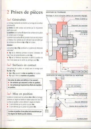 I
2 Prisesde pièces
2.1 Généralités
Lemontagereprésentéestdestinéautournagedelasurface
cylindriqueS.
Lafotmedecettesurfaceestdonnéeparlemouvement
relatifpièce'outil
LapositiondelasurÏaceSdépenddessurfacesdelapièce
encontaclaveclemontage,
LapositiondelasurfaceSeslcorreclesisonaxeestcompris
àl'intérleurd'uncylindredeA 0,06dontl'axeestdéfinipar
lessurfacesderéférenceApelBpdelapièce.
REMAROUE:
LessurfacesApetBpconstrtuentunsystèmederéférences
ordonnées':
r Apestlaréférenceprimaireetdonnel'orientationde
I'axe(laxeestperpendiculaireauplanAp),
r Bpestlaréférencesecondaireetdéfinitlapositionde
l'axe(l'axepasseparlecentreducentragecourtBp).
2.2 Surfacesen contact
Lessurfacesdelapièceenconlactaveclemontagesont
ApBpetFp.
r ApetBpassurentlamiseenpositiondelapièce
r Fpreçoitleffortdemaintienenposition.
UneprisedepièceestdéfiniesiI'onconnail:
r lessurfacesquiassurentlamiseenposition,
r lessurfacesquireçoiventleseffoilsdemaintien
enposition.
2.3 Mise en position
LapièceencontactaveclessurfacesAmetBrndumontage,
conserveundegrédelibertéenrotationautourdeIaxe0Z
Lamiseenpositionadoncéliminé5degrésdeliberté:
r 3sontéliminésparlaportiondeplanAm
r 2sontéliminésparlaportiondesphèreBm
Lamiseenpositiond'unepièceestcaractériséepar
lesdegrésdelibertéqu'elleélimine,
MONTAGEDETOURNAGE
Montagem liéà la broche(défautde coaxralité
SURFACESDEMISEENPOSITIONDUMONTAGE
Surfacesphérique
maxrmumcylrndnque
VoirG.D.17.3
 