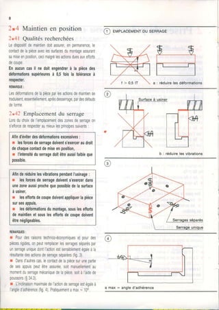 I
2.4 Maintienen position
2.41 Qualités recherchées
Ledispositifdemaintiendoitassurer,enpermanence,le
contactdelapièceaveclessurfacesdumontageassuranl
samiseenposition,cecimalgrélesactionsduesauxelforts
decoupe.
Enaucuncasil nedoitengendrerà la piècedes
défomationssupûieuresà 0,5foisla toléranceà
lespeclel.
REMAROUE:
Lesdéformationsdelapièceparlesactionsdemaintiense
traduisent,essentiellement,aprèsdessenage,pardesdéfauts
deforme.
2.42 Emplacement du serrage
LorsduchoixdeI'emplacementdeszonesdesenageon
s'efforcederespecteraumieuxlesprincipessuivants:
Afind'éviterdesdéformationsexcessives:
r lesforcesdeseragedoivents'exercelaudroit
dechaquecontactdemiseenposition,
r I'intensitédusenagedoitêtreaussifaibleque
possible.
Afinderéduirelesvibrationspendantl'usinage:
r lesforcesdeseragedoivents'exelceldans
unezoneaussiprochequepossibledelasurface
àusiner,
r leseffortsdecoupedoiventappliquerlapièce
sutsesappuis,
r lesdélomationsdumonlage,souslesefforts
demaintienetsouslesefforlsdecoupedoivent
êtrenégligeables,
REMAROUES:
r Pourdesraisonstechnico-économiouesetoourdes
piècesrigides,onpeutremplacerlessenagesséparéspar
unserrageuniquedontl'actionestsensiblementégaleàla
résultantedesactionsdesenageséparées(fig,3).
r Dansd'autrescas,lecontactdelapiècesurunepartie
desesappuispeutêtreassurée,soilmanuellementau
momentduserragemécaniquedelapièce,soitàI'aidede
poussoirs($34.3).
I L'inclinaisonmaximaledel'actiondesenageestégaleà
l'angled'adhérence(fig.4)Pratiquementamax= 100.
@ evrer-IcEMENTDUsERRAGE
$ $
a : réduirelesdéformations
b : réduirelesvibrations
a max = angle d'adhérence
 