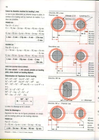 72
CalculdudiamètremaximaldulæatingLmu
Lecasleplusdéfavorableseprésentelorsquelapièce,le
centreuretlelocatingsontaumaximumdematière.llva
deuxcaspossibles.
PREiIIERCAS:
P o u r J A = 0 , o n a :
0 = - RLmu- Emmu- RCmax+RGmin+ Epmin
+ RHmin
RLmu=RGmin+Epmin+RHmin- Emmu- RCmu
Lmax= Gmin+ 2Epmin+ Hmin- 2Emmax
- Cmax.
l)EuxtÈtEcAs:
P o u r J B = 0 , o n a :
0 = RHmin- Epmax+ RGmin- RCmax+ Emmin
- RLmax
RLmu=RHmin-Epmu+RGmin- RCmu+Emmin
Lmax=Hmin- 2Epmax+Gmin- Cmu
+2Emmin.
clrorxD'ulLocATtr{cptElt0uDÉptilcÉ:
SiLmu calculé> Lmincalculé,prendreunlocating
plein,sinonchoishunlocatingdépincé.
Déterminationdel'épaissew2edulocating
RHz= lH2+ H02 d'oùlH2= RH2- H02
RL2= lH2+ HP2 d'oùlH2= RL2- Hp2 soit:
RH2- H02= RL2- HP2avecHO= e + aetHp= e
0 n a
R H 2 - ( e t a ) 2 = g 1 z - r z
R H 2 - e 2- 2 e a - a 2 = R Ê - e 2
RH2- 2ea- a2= RL2 d'où
RH2- RL2
! g = - - 2 .
a
Lavaleurdudésuageaestàcalculer.
Calculdudésaxagea
Reprenonslesdeuxcasdefiguresprécédentsenrempla-
çantleslocatingspleinspardeslocatingsdépincés.
PREIIIERCAS:
P o u r J C = 0 , o n a :
0 = RGmin+ Epmin+ amin- Emmu- RCmu
amin=Emmax+ RCmax- RGmin- Epmin,
CALCULDELmax
Premiercas O G
CentreurQ
i
I
JAmin j
RLmax
Emmaxi
RGmaxII
RGmini
Epmin
RHmin
JBmin :
RHmini
Epmax,
RGmin
RGmax,
Emmin
RLmax
a = désaxage
CALCULDEa
JCmin
RGmin
Epmin
amin
Emmax
RCmax
c
S
Deuxièmecas
Premiercas
Bibliographie:J.Destrac,i. F.Euriot,M.Vinænt,Alexandre
 
