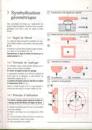 3 Symbolisationt t l o
geometnque
Cettesymbolisationestutiliséepourl'établissementdes
projetsd'étudesdeJabrication.Elledéfinitlamiseenposition
géométriqued'unepièceà partirdesdegrésdeliberté
éliminés,
@ EXEMPLE
i
I
I
tt
I
-l
I
I
O
Ér-rr'ril.rAÏOND'UN
I
I
-i
I
6) svtrleolrsATroND'uNENoRMALEDEnepÉnlee
s/
NFEo4{1g3tl Degréde liberté
Aundegrédelibertéconespondlapossibilitéd'unmou-
vementrelatilderotationoudetranslationentredeuxsolides
M e t P .
Unsolidequin'aaucuneliaisonpossède6degrésdeliberté:
3enrotationet3entranslation(G.0.25).
Théoriquement,undegrédeliberléestéliminéparun
contactponctuel(1i9.1).
3r2 Normale de repérage @
PosrroNDUsYMBoLE
0nschématisechaquecontactponctuelthéoriqueparun
vecteurnormalàlasurfaceconsidérée.
Cevecleurestappelénormalederepérage,
Lareprésenlationnormaliséed'unenormalederepérageest
donnéefigure2a.Sinécessaire,onpeuteffectuerune
représentationprojetée(lig.2b).
[esymboleeslloujoursplacéducôtélihedematière
àl'emplacementchoisi(fig.3a).
Quandonmanquedeplaceets'iln'yapasambiguTté,le
symbolepeutêtreplacésuruneligned'attache(fiq.3b).
3r3 Principed'utilisation
0nalfecteàchaquesurlaceautantdenormalede
repéragequ'elledoitéliminerdedegrésdelibedé.
r Dessinerlessymbolesdanslesvuesoùleurspositions
sontlesplusexplicites.
r Repérer,danschaquevue,lessymbolesparunchiffre
d e 1 à 6 .
r llestrecommandédelimiterleurnombreenfonctiondes
cotesdefabricationàréaliserdanslaphase
r Coteréventuellementleurposition.
qAcceptable@ o "
SUTILISATION
oecnÉoe LreeRtÉ
@
 