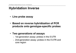 Stratégie diagnostique & suivi virologique


Hybridation Inverse

 • Line probe assay

 • Based on reverse hybridization of PCR
   products onto genotype-specific probes

 • Two generations of assays
       –   1st-generation assay: probes in the 5’UTR
       –   2nd-generation assay: probes in the 5’UTR and
           core region
 