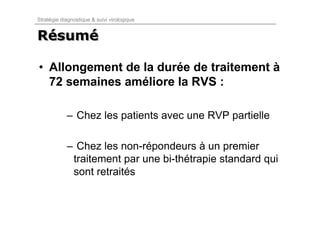 Stratégie diagnostique & suivi virologique


Résumé
Résumé

• Allongement de la durée de traitement à
  72 semaines améliore la RVS :

            – Chez les patients avec une RVP partielle

            – Chez les non-répondeurs à un premier
             traitement par une bi-thétrapie standard qui
             sont retraités
 