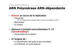 Virus de l’Hépatite C et Marqueurs


ARN Polymérase ARN-dépendante
    Polymérase ARN-dépendante

• Erreurs au cours de la réplication
     – Fréquentes
           .   10-4-10-4 mutations par nucléotide copié au cours de la réplication du VHC
     – Spontanées
     – Au hasard

• Absence d’activité exonucléasique 3’⇒5’
                                      ⇒
  ("proofreading")
     – Accumulation de mutations

• A l’origine de :
     – La diversification des types et des sous-types
     – La distribution en quasi-espèces
 