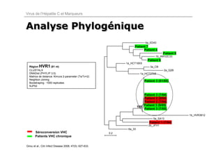 Virus de l’Hépatite C et Marqueurs


Analyse Phylogénique
        Phylogénique
                                                                              4a_ED43
                                                                     Patient 7
                                                                           Patient 4
                                                                                            Patient 8
                                                                                     1b_AWV2C33
                                                                                Patient 6
                                                                1a_HCT18X5
  Région   HVR1     (81 nt)                                                       3a_CB
  CLUSTALX                                                                                  2a_Q2B
  DNADist (PHYLIP 3.5)                                                     1a_HCT27X5
  Matrice de distance: Kimura 2-parameter (Ts/Tv=2)
  Neighbor-Joining
                                                                              Patient 3 (01/05)
  Bootstraping : 1000 replicates
  NJPlot


                                                                             Patient 3 (7/04)
                                                                             Patient 2 (9/04)
                                                                             Patient 2 (7/04)
                                                                         100 Patient 3 (9/05)
                                                                             Patient 3 (7/05)

                                                                                                        1b_HVR3812
                                                                                    5a_SA13
                                                                                 Patient 1 (7/04)
                                                                                2b_JFH1
                                                                 6a_33
       Séroconversion VHC                                 0.2
       Patients VHC chronique


Girou et al., Clin Infect Disease 2008, 47(5): 627-633.
 