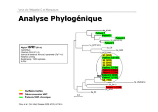 Virus de l’Hépatite C et Marqueurs


Analyse Phylogénique
        Phylogénique
                                                                              4a_ED43
                                                                     Patient 7
                                                                           Patient 4
                                                                                            Patient 8
                                                                                     1b_AWV2C33
                                                                                Patient 6
                                                                1a_HCT18X5
  Région   HVR1     (81 nt)                                                      3a_CB
  CLUSTALX                                                                                  2a_Q2B
  DNADist (PHYLIP 3.5)                                                     1a_HCT27X5
  Matrice de distance: Kimura 2-parameter (Ts/Tv=2)                          S1 (6/05)
  Neighbor-Joining
                                                                             Patient 3 (01/05)
  Bootstraping : 1000 replicates
  NJPlot
                                                                             S2 (6/05)
                                                                             S3 (6/05)
                                                                             S4 (6/05)
                                                                             Patient 3 (7/04)
                                                                             Patient 2 (9/04)
                                                                             Patient 2 (7/04)
                                                                         100 Patient 3 (9/05)
                                                                             Patient 3 (7/05)
                                                                             S5 (7/05)
                                                                                                        1b_HVR3812
                                                                                    5a_SA13
                                                                                 Patient 1 (7/04)
                                                                                2b_JFH1
       Surfaces inertes                                          6a_33
       Séroconversion VHC                                 0.2
       Patients VHC chronique


Girou et al., Clin Infect Disease 2008, 47(5): 627-633.
 