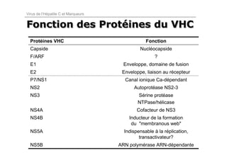 Virus de l’Hépatite C et Marqueurs


Fonction des Protéines du VHC
             Protéines
  Protéines VHC                                  Fonction
  Capside                                     Nucléocapside
  F/ARF                                              ?
  E1                                  Enveloppe, domaine de fusion
  E2                                  Enveloppe, liaison au récepteur
  P7/NS1                               Canal ionique Ca-dépendant
  NS2                                      Autoprotéase NS2-3
  NS3                                        Sérine protéase
                                             NTPase/hélicase
  NS4A                                       Cofacteur de NS3
  NS4B                                   Inducteur de la formation
                                          du "membranous web"
  NS5A                                 Indispensable à la réplication,
                                              transactivateur?
  NS5B                               ARN polymérase ARN-dépendante
 