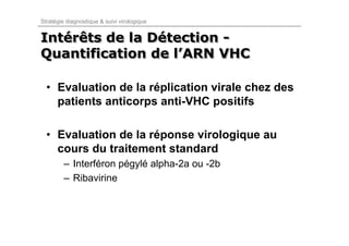 Stratégie diagnostique & suivi virologique


Intérêts de la Détection -
Intérêts       Détection
Quantification de l’ARN VHC
                  l’ARN

  • Evaluation de la réplication virale chez des
    patients anticorps anti-VHC positifs

  • Evaluation de la réponse virologique au
    cours du traitement standard
         – Interféron pégylé alpha-2a ou -2b
         – Ribavirine
 