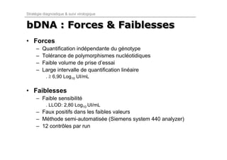 Stratégie diagnostique & suivi virologique


bDNA : Forces & Faiblesses
• Forces
     –   Quantification indépendante du génotype
     –   Tolérance de polymorphismes nucléotidiques
     –   Faible volume de prise d’essai
     –   Large intervalle de quantification linéaire
           . ≥ 6,90 Log10 UI/mL


• Faiblesses
     – Faible sensibilité
           . LLOD: 2,80 Log10 UI/mL
     – Faux positifs dans les faibles valeurs
     – Méthode semi-automatisée (Siemens system 440 analyzer)
     – 12 contrôles par run
 