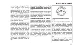 su motor tenga la designación ⬙SL⬙.
Aceites para motor que no tengan la
designación ⬙SL⬙, no deben ser utili-
zados. Por ejemplo no utilice aceites
identificados como SA, SB, SC, SD,
SE, CC o CD, o alguna combinación
de estos, tal como SE/CD; estos tipos
de aceite no proporsionan una prote-
cción adecuada a su motor. El uso de
aceites que no cumplan la designa-
ción recomendada, no esta cubierta
en la Póliza de Garantía.
• Viscosidad: La viscosidad del aceite
afecta tanto el rendimiento de com-
bustible como la operación del motor.
Un aceite de viscosidad baja puede
resultar en mejor rendimiento de
combustible o mejor operación del
motor en climas fríos, sin embargo,
aceites de alta viscosidad, son reque-
ridos en climas calientes para tener
una lubricación satisfactoria. El uso
de aceites de viscosidad no apro-
piada puede causar daños al motor.
⬙NO UTILICE ACEITES DE GRADO
FIJO TALES COMO SAE 30, SAE 40,
etc⬙.
Los aceites multigrano proveen fácil
arranque en frío y mejor protección al
motor en temperaturas bajas extre-
mas.
Para tener arranque más fácil en climas
calientes o fríos y lograr máxima dura-
ción del motor y economía del combus-
tible y aceite, seleccione la viscosidad
de acuerdo con la tabla.
Aceites Consevadores de Energía
Cuando considere el uso de un aceite,
tome en cuenta la viscosidad pero tam-
bién las características de rendimiento
de combustible que proporsiona dicho
aceite. Los aceites para motor que men-
cionamos a continuación están disponi-
bles en el mercado e identificados como:
⬙Conservadores de Energía⬙, ⬙Conser-
vadores de Energía II⬙, ‘‘Conservadores
de Gasolina’’, ⬙Ahorradores de Gaso-
lina⬙, ⬙Reductores de Fricción⬙, ⬙Mayor
kilometraje⬙, ⬙Mayor Rendimiento de
Gasolina⬙, ⬙Ahorra Combustible⬙.
Logotipo de Identificación de
Aceite
En la mayoría de los recipientes de
aceite se utiliza un logotipo para ayu-
darlo a seleccionar el tipo de aceite que
debe utilizar. La parte superior del logo-
tipo muestra la designación API de cali-
dad de aceite SL u otras. La parte cen-
tral del logotipo muestra el grado de
viscosidad SAE, tal como SAE 10W-30.
La parte inferior que dice Conservador
de Energía indica que el aceite tiene
capacidad de conservación de combus-
tible.
Busque siempre este logotipo en todos
los recipientes de aceite y utilice única-
mente aquellos que lo contengan.
119
ESPECIFICACIONES
 