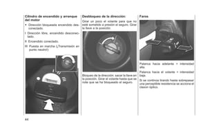 Cilindro de encendido y arranque
del motor
• Dirección bloqueada encendido des-
conectado.
I Dirección libre, encendido desconec-
tado.
II Encendido conectado.
III Puesta en marcha (¡Transmisión en
punto neutro!)
Desbloqueo de la dirección:
Girar un poco el volante para que no
esté sometido a presión el seguro. Girar
la llave a la posición.
Bloqueo de la dirección: sacar la llave en
la posición. Girar el volante hasta que se
note que se ha bloqueado el seguro.
Faros
Palanca hacia adelante = intensidad
alta.
Palanca hacia el volante = intensidad
baja.
Si se continúa tirando hasta sobrepasar
una perceptible resistencia se acciona el
claxon óptico.
44
 
