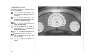 Luces de advertencia
Descripción válida para todos los mode-
los de instrumentos
Luz de cambio automático, pro-
grama de marcha deportiva. (Luz
Continua)
Luz de cambio automático, falla
en transmisión automática, acudir
al taller. (Luz Intermitente)
Luz de advertencia de falla en la
carga del alternador.
Luz de advertencia de freno de
mano puesto y/o nivel de líquido
de frenos muy bajo.
Luz de advertencia de fallo en el
sistema de control emisiones.
Luz de advertencia de baja pre-
sión de aceite.
Luz de advertencia de falla en el
motor.
50
 