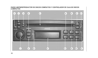 RADIO AM/FM/REPRODUCTOR DE DISCOS COMPACTOS Y CONTROLADOR DE CAJA DE DISCOS
COMPACTOS
2 1 3 8 4 12 14 5 6
17
16
15
13
11
10
9
7
68
 