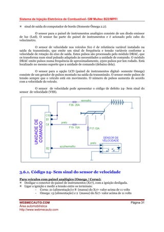 Sistema de Injeção Eletrônica de Combustível- GM Multec B22/MPFI
sinal de saída do computador de bordo (Somente Ômega 2.2).
O sensor para o painel de instrumentos analógico consiste de um diodo emissor
de luz (Led). O sensor faz parte do painel de instrumentos e é acionado pelo cabo do
velocímetro.
O sensor de velocidade nos veículos S10 é de relutância variável instalado na
saída da transmissão, que emite um sinal de frequência e tensão variáveis conforme a
velocidade de rotação do eixo de saída. Estes pulsos são processado pelo módulo DRAC, que
os transforma num sinal pulsado adaptado às necessidades a unidade de comando. O módulo
DRAC emite pulsos numa frequência de aproximadamente, 2500 pulsos por km rodado. Está
localizado no mesmo suporte que a unidade de comando (debaixo dela).
O sensor para a opção LCD (painel de instrumentos digital- somente Omega)
consiste de um gerador de pulsos montado na saída da transmissão. O sensor emite pulsos de
tensão sempre que o veículo está em movimento. O número de pulsos aumenta de acordo
com a velocidade do veículo.
O sensor de velocidade pode apresentar o código de defeito 24- Sem sinal do
sensor de velocidade (VSS).
3.6.1. Código 24- Sem sinal do sensor de velocidade
Para veículos com painel analógico (Omega / Corsa):
Desligar o conector do painel de instrumentos (X17), com a ignição desligada.
Ligar a ignição e medir a tensão entre os terminais:
- Corsa: 21 (alimentação) e 8 (massa) do X17- valor acima de 11 volts
- Omega: 13 (alimentação) e 2 (massa) do X17- valor acima de 11 volts
WEBMECAUTO.COM
Área automobilística
http://www.webmecauto.com
Página 31
 