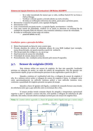 Sistema de Injeção Eletrônica de Combustível- GM Multec B22/MPFI
- Se o valor encontrado for menor que 11 volts, verificar fusível F17 no Corsa e
F28 no Ômega;
- Verificar o chicote quanto a circuito aberto ou curto-circuito;
- Se todas as verificações estiverem em ordem, passe para o próximo passo.
Reconectar o conector do painel, com a ignição desligada;
Desconectar a UC;
Com a transmissão em ponto morto, e a ignição ligada, movimentar o veículo;
Com uma caneta de polaridade, verificar se os sinais se alternam no terminal B2 da
unidade de comando (lado do chicote), caso contrário substitua o sensor de velocidade.
Se todas as verificações acima estão em ordem:
- possível defeito na UC.
Condições para a gravação da falha:
Motor funcionando na faixa de 1200 a 5000 rpm;
Pressão absoluta do coletor de admissão abaixo de 0,24 BAR (24Kpa) (por exemplo,
numa desaceleração, em quarta marcha a partir de 120km/h;
Não há gravação dos códigos 21, 22, 33 ou 34;
Sinal incorreto do sensor de velocidade;
Velocidade do veículo abaixo de 6 km/h;
Preenchimento das condições acima durante pelo menos 8 segundos.
3.7. Sensor de oxigênio (EGO)
Este sistema utiliza um sensor de oxigênio, do tipo não aquecido, localizado
próximo ao cabeçote do motor, na saída do coletor de escapamento. Isto lhe garante um
aquecimento rápido, já que as informações precisas só são registradas a partir de 3600 C.
Quando a mistura ar/ combustível está rica, a voltagem do sensor de oxigênio é
alta. Se a mistura estiver pobre a voltagem do sensor de oxigênio é baixa. A voltagem varia
entre aproximadamente 50 milivolts (mistura pobre) a 900 milivolts (mistura rica),
conforme a quantidade de oxigênio presente nos gases de escape.
Quando a chave de ignição está ligada, a unidade de comando fornece uma tensão
de referência entre 350 a 450 milivolts entre os terminais B10 e B11.
O sensor produz tensão somente depois de atingida a temperatura operacional
superior a 3600 C. Quando o sensor está frio, será medida a voltagem de referência de 380
milivolts. Isto indica circuito aberto (condição normal para um sensor de oxigênio frio).
WEBMECAUTO.COM
Área automobilística
http://www.webmecauto.com
Página 32
Nota: Se o motor estiver aquecido e a chave de ignição estiver ligada sem que o motor esteja
 