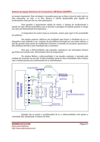 Sistema de Injeção Eletrônica de Combustível- GM Multec B22/MPFI
ou mesmo impossível. Esta circulação é necessária para que se haja a troca de calor entre os
dois elementos, ou seja, o ar frio, absorve a caloria desprendida pelo líquido de
arrefecimento. Este por sua vez, não superaquece.
Para garantir o aquecimento rápido do motor, o sistema de arrefecimento é
dotado de uma válvula termostática que só permite a passagem do líquido quando se atinge
um valor pré-determinado de temperatura.
A temperatura do motor torna-se crescente, motivo pelo qual se há necessidade
de resfriá-lo.
Em muitos motores, utiliza-se um ventilador para forçar a circulação do ar e o
dispositivo mais utilizado é um conjunto de pás (hélices) acionado por um motor elétrico, o
que lhe garante baixa perda de rendimento (somente é acionado no momento oporturno) e
alta eficiência (devido a uma velocidade alta e constante).
Para que o eletroventilador seja acionado, emprega-se um interruptor térmico
que fecha seu contado num determinado valor de temperatura.
No sistema Multec, o eletroventilador é um atuador, portanto, é acionado pela
unidade de comando via um relé. O eletroventilador pode ter duas velocidades (alta e baixa),
caso o sistema possua um condicionador de ar (climatizador).
Quando não se possui o condicionador de ar, o eletroventilador terá apenas a
velocidade alta, diminuindo o número de relés.
WEBMECAUTO.COM
Área automobilística
http://www.webmecauto.com
Página 51
 