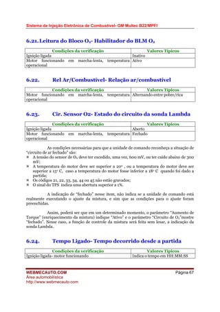 Sistema de Injeção Eletrônica de Combustível- GM Multec B22/MPFI
WEBMECAUTO.COM
Área automobilística
http://www.webmecauto.com
Página 67
6.21.Leitura do Bloco O2- Habilitador do BLM O2
Condições da verificação Valores Típicos
Ignição ligada Inativo
Motor funcionando em marcha-lenta, temperatura
operacional
Ativo
6.22. Rel Ar/Combustível- Relação ar/combustível
Condições da verificação Valores Típicos
Motor funcionando em marcha-lenta, temperatura
operacional
Alternando entre pobre/rica
6.23. Cir. Sensor O2- Estado do circuito da sonda Lambda
Condições da verificação Valores Típicos
Ignição ligada Aberto
Motor funcionando em marcha-lenta, temperatura
operacional
Fechado
As condições necessárias para que a unidade de comando reconheça a situação de
“circuito de ar fechado” são:
A tensão do sensor de O2 deve ter excedido, uma vez, 600 mV, ou ter caído abaixo de 300
mV;
A temperatura do motor deve ser superior a 20o , ou a temperatura do motor deve ser
superior a 15o C, caso a temperatura do motor fosse inferior a 18o C quando foi dado a
partida;
Os códigos 21, 22, 33, 34, 44 ou 45 não estão gravados;
O sinal do TPS indica uma abertura superior a 1%.
A indicação de “fechado” nesse item, não indica se a unidade de comando está
realmente executando o ajuste da mistura, e sim que as condições para o ajuste foram
preenchidas.
Assim, poderá ser que em um determinado momento, o parâmetro “Aumento de
Torque” (enriquecimento da mistura) indique “Ativo” e o parâmetro “Circuito de O2”mostre
“fechado”. Nesse caso, a função de controle da mistura será feita sem lesar, a indicação da
sonda Lambda.
6.24. Tempo Ligado- Tempo decorrido desde a partida
Condições da verificação Valores Típicos
Ignição ligada- motor funcionando Indica o tempo em HH:MM:SS
 