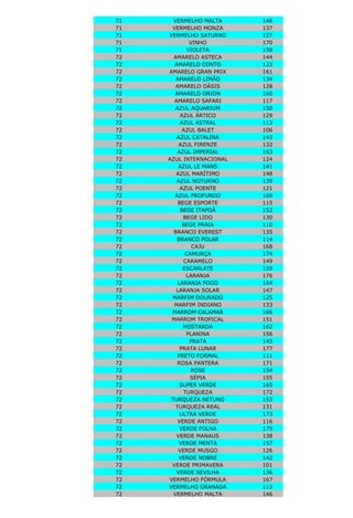 69 VERMELHO FÓRMULA 167
69 VERMELHO GRANADA 112
69 VERMELHO MALTA 146
69 VERMELHO MONZA 137
69 VERMELHO SATURNO 127
69 VINHO 170
69 VIOLETA 158
70 AMARELO ASTECA 144
70 AMARELO CONTO 123
70 AMARELO GRAN PRIX 161
70 AMARELO LIMÃO 134
70 AMARELO OÁSIS 128
70 AMARELO ORION 160
70 AMARELO SAFARI 117
70 AZUL AQUARIUM 150
70 AZUL ÁRTICO 129
70 AZUL ASTRAL 113
70 AZUL BALET 106
70 AZUL CATALINA 143
70 AZUL FIRENZE 132
70 AZUL IMPERIAL 163
70 AZUL INTERNACIONAL 124
70 AZUL LE MANS 141
70 AZUL MARÍTIMO 148
70 AZUL NOTURNO 139
70 AZUL POENTE 121
70 AZUL PROFUNDO 169
70 BEGE ESPORTE 115
70 BEGE ITAPOÃ 152
70 BEGE LIDO 130
70 BEGE PRAIA 110
70 BRANCO EVEREST 135
70 BRANCO POLAR 114
70 CAJU 168
70 CAMURÇA 174
70 CARAMELO 149
70 ESCARLATE 159
70 LARANJA 176
70 LARANJA FOGO 164
70 LARANJA SOLAR 147
70 MARFIM DOURADO 125
70 MARFIM INDIANO 133
70 MARROM CALAMAR 166
70 MARROM TROPICAL 151
70 MOSTARDA 162
70 PLANINA 156
70 PRATA 145
70 PRATA LUNAR 177
70 PRETO FORMAL 111
70 ROSA PANTERA 171
70 ROSE 154
70 SÉPIA 155
70 SUPER VERDE 165
70 TURQUEZA 172
70 TURQUEZA NETUNO 153
70 TURQUEZA REAL 131
70 ULTRA VERDE 173
70 VERDE ANTIGO 116
70 VERDE FOLHA 175
70 VERDE MANAUS 138
70 VERDE MENTA 157
70 VERDE MUSGO 126
70 VERDE NOBRE 142
70 VERDE PRIMAVERA 101
70 VERDE SEVILHA 136
70 VERMELHO FÓRMULA 167
 